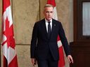 Prime Minister Mark Carney arrives for a news conference about the U.S. tariffs on Parliament Hill in Ottawa on April 3, 2025.
