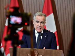 Prime Minister Mark Carney speaks during a press conference in the foyer of the House of Commons in Ottawa, ON. on Thursday, April 3, 2025.