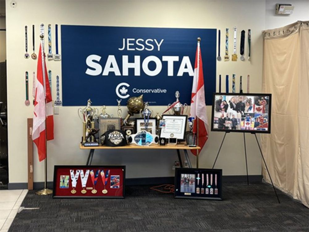  A wall of accolades on display in Conservative candidate Jessy Sahota’s campaign office in Delta, B.C.