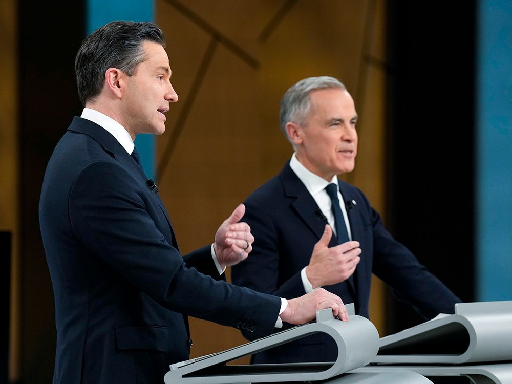 Conservative Leader Pierre Poilievre, left, and Liberal Leader Mark Carney participate in the English-language federal leaders’ debate in Montreal, Thursday, April 17, 2025. Conservative Leader Pierre Poilievre, left, and Liberal Leader Mark Carney participate in the English-language federal leaders’ debate in Montreal, Thursday, April 17, 2025.