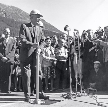 Prime Minister John Diefenbaker officially opening the Trans-Canada Highway. Rogers Pass, B.C., 3 September 1962.