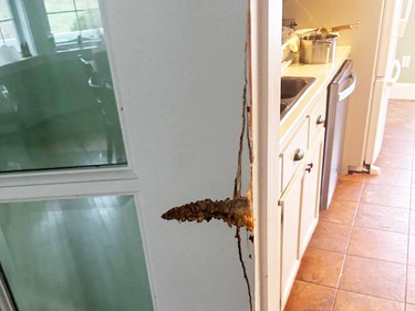 The track of a bullet shot through the Mavillette home of Geoffrey Jobert, owner of Lobster Hub Inc., in Nova Scotia.
