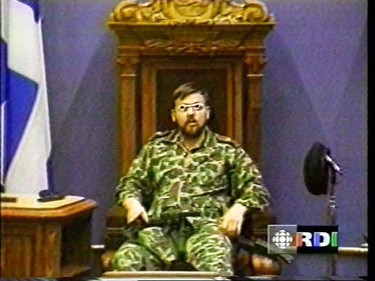 Denis Lortie sitting in the speakers chair in the Quebec legislature on May 8, 1984. Lortie, killed three people and wounded thirteen others in the attack.