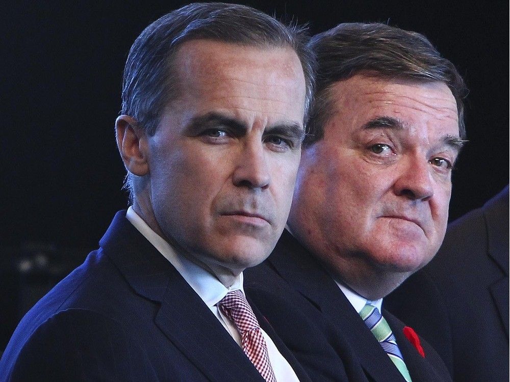  Jim Flaherty, former Minister of Finance and Mark Carney are seen together during an event at the Canadian War in Ottawa Nov 7, 2012.
