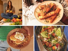 Clockwise from top left: author Eden Grinshpan, rosemary-honey halloumi fries, creamy feta wedge salad with garlicky bread crumbs and mint, and basbousa pancakes with orange blossom syrup