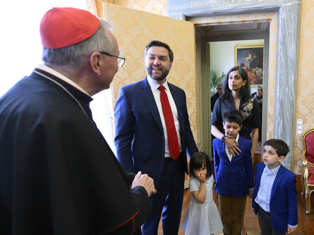 Vatican Secretary of State Cardinal Pietro Parolin meets with U.S. Vice President JD Vance, his daughter Mirabel, his wife Usha, and their sons Ewan and Vivek at the Vatican, Saturday, April 19, 2025.