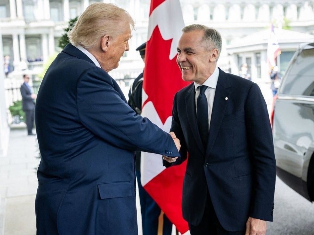 U.S. President Donald Trump greets Prime Minister Mark Carney upon his arrival at the White House Tuesday. U.S. President Donald Trump greets Prime Minister Mark Carney upon his arrival at the White House Tuesday.