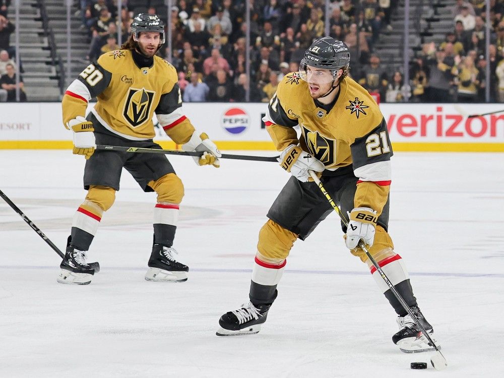 Brett Howden #21 of the Vegas Golden Knights skates with the puck against the Edmonton Oilers in the Second Round of the 2025 Stanley Cup Playoffs at T-Mobile Arena on May 8. The Oilers. Brett Howden #21 of the Vegas Golden Knights skates with the puck against the Edmonton Oilers in the Second Round of the 2025 Stanley Cup Playoffs at T-Mobile Arena on May 8. The Oilers.