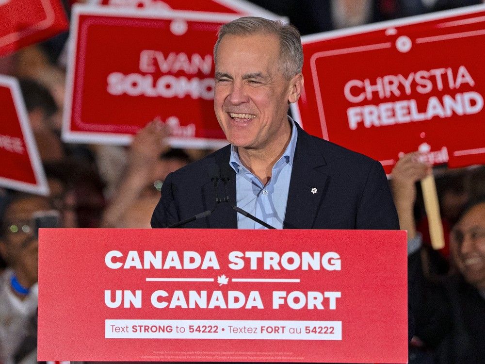 Canada's Prime Minister Mark Carney speaks during a campaign rally at the Metropolitan Centre in Toronto, Ontario, on April 4, 2025. Canada's Prime Minister Mark Carney speaks during a campaign rally at the Metropolitan Centre in Toronto, Ontario, on April 4, 2025.