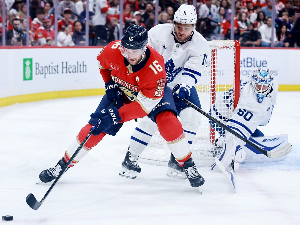 Aleksander Barkov of the Florida Panthers and Max Domi of the Toronto Maple Leafs fight for possession of the puck during the second period in Game Four of the Second Round of the 2025 Stanley Cup Playoffs at Amerant Bank Arena on May 11, 2025 in Sunrise, Fla. Aleksander Barkov of the Florida Panthers and Max Domi of the Toronto Maple Leafs fight for possession of the puck during the second period in Game Four of the Second Round of the 2025 Stanley Cup Playoffs at Amerant Bank Arena on May 11, 2025 in Sunrise, Fla.