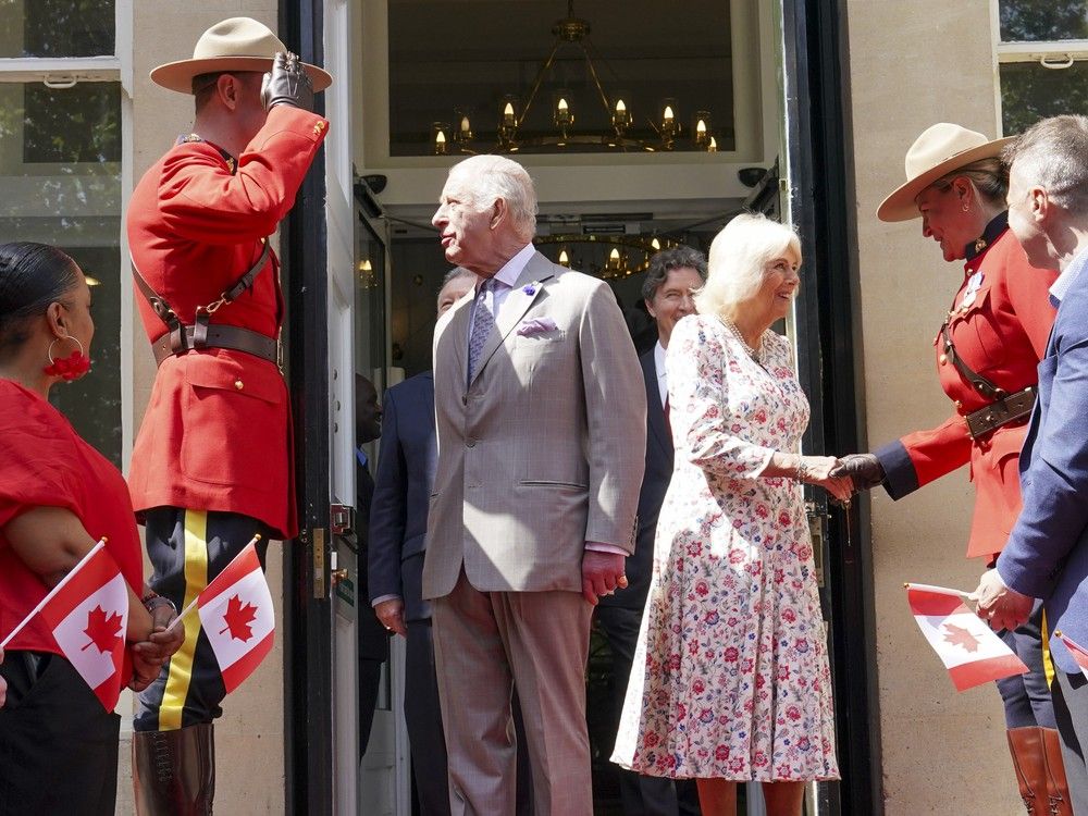 King Charles III and Queen Camilla greet Mounties after a visit to mark the 100th anniversary of Canada House in London on Tuesday. King Charles III and Queen Camilla greet Mounties after a visit to mark the 100th anniversary of Canada House in London on Tuesday.