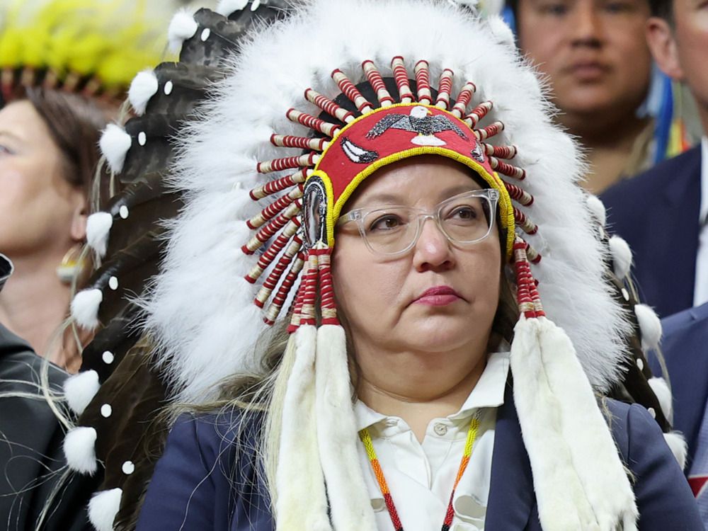  Assembly of First Nations National Chief Cindy Woodhouse Nepinak listen as King Charles III opens the 45th Parliament of Canada on May 27, 2025, in Ottawa.