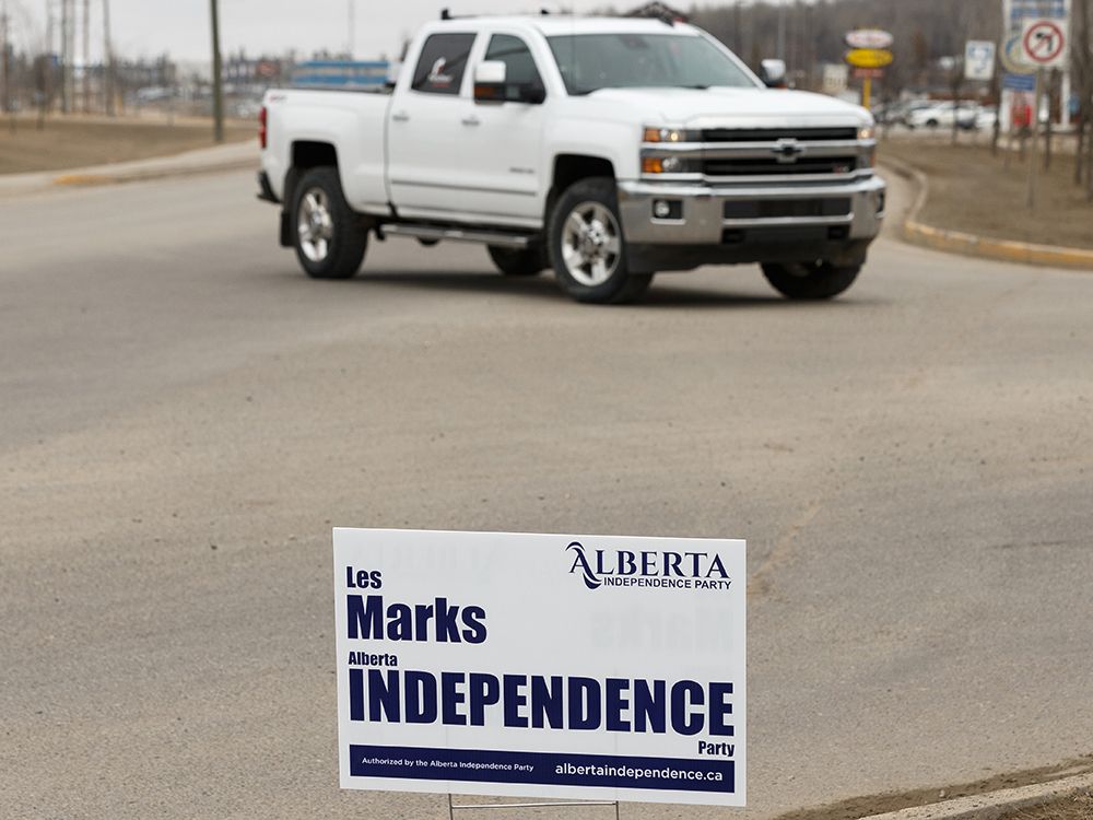  A campaign sign for an Alberta Independence Party candidate in Drayton Valley, southwest of Edmonton, in 2019.