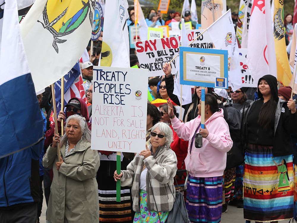  First Nations leaders and supporters rally against the potential of an Alberta separation referendum, outside the Alberta Legislature in Edmonton on May 15, 2025.