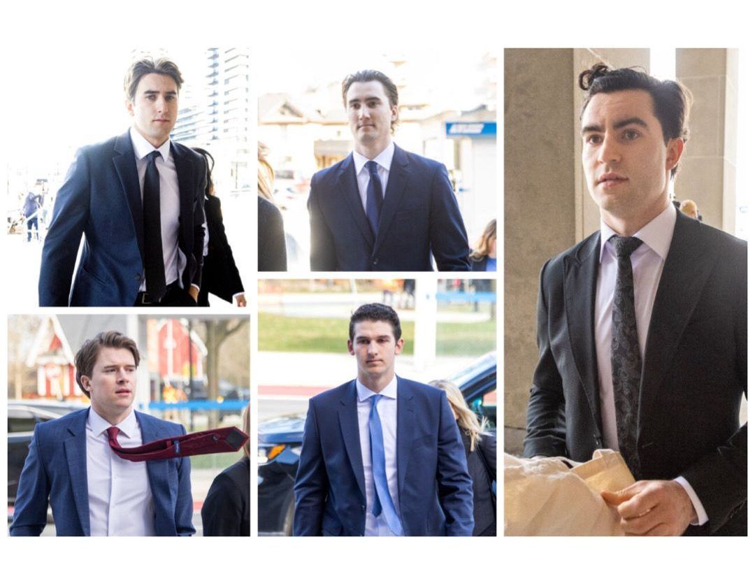 Clockwise from top left: Michael McLeod, Alex Formenton, Dillon Dube, Cal Foote and Carter Hart enter the London courthouse on Tuesday, April 22, 2025. (Derek Ruttan/The London Free Press) Clockwise from top left: Michael McLeod, Alex Formenton, Dillon Dube, Cal Foote and Carter Hart enter the London courthouse on Tuesday, April 22, 2025. (Derek Ruttan/The London Free Press)