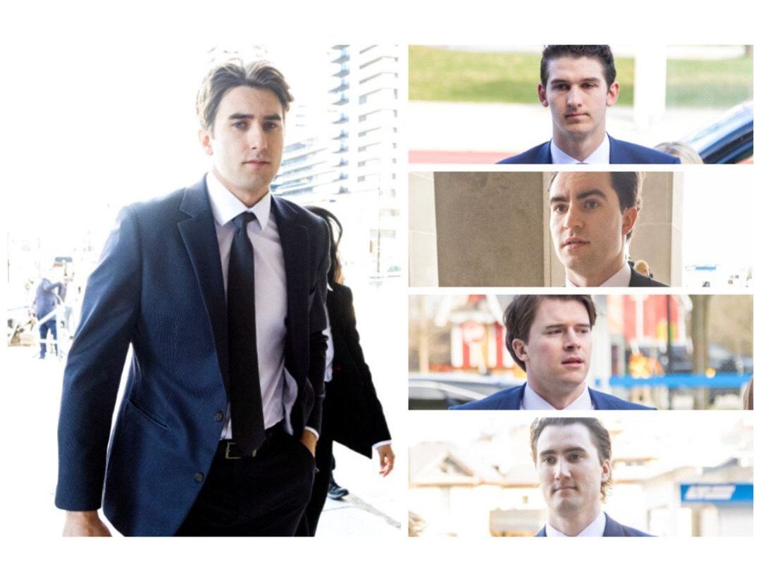 Michael McLeod, left, and, top to bottom, Cal Foote, Dillon Dube, Carter Hart and Alex Formenton enter the London courthouse on April 22, 2025. (Derek Ruttan/The London Free Press) Michael McLeod, left, and, top to bottom, Cal Foote, Dillon Dube, Carter Hart and Alex Formenton enter the London courthouse on April 22, 2025. (Derek Ruttan/The London Free Press)