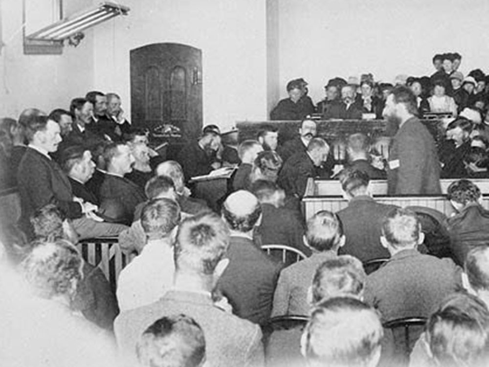  Métis leader Louis Riel, standing at right, addresses the jury during his trial for treason in 1885.