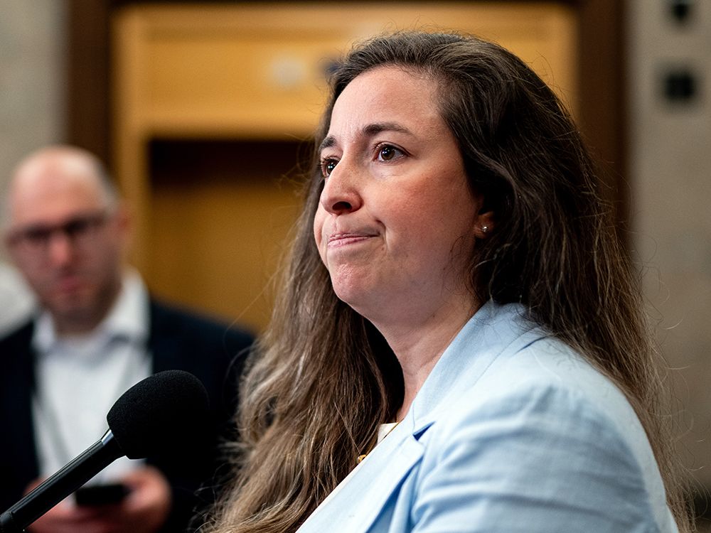 Nathalie Sinclair-Desgagné, the Bloc Québécois candidate for Terrebonne, speaks to reporters in the foyer of the House of Commons on Thursday, May 15, 2025.