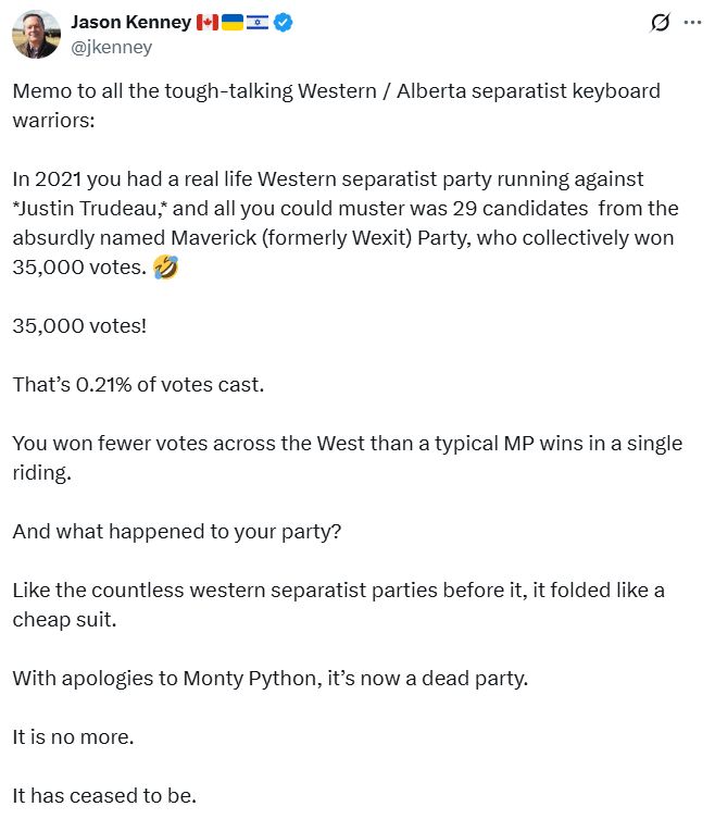  Former Alberta premier Jason Kenney was careful to stay out of the public eye for the first year or so after being forced out of his position by his own United Conservative Party. But he’s recently been much more vocal about his opinions, including this blistering social media rant against the Alberta separatist movement.