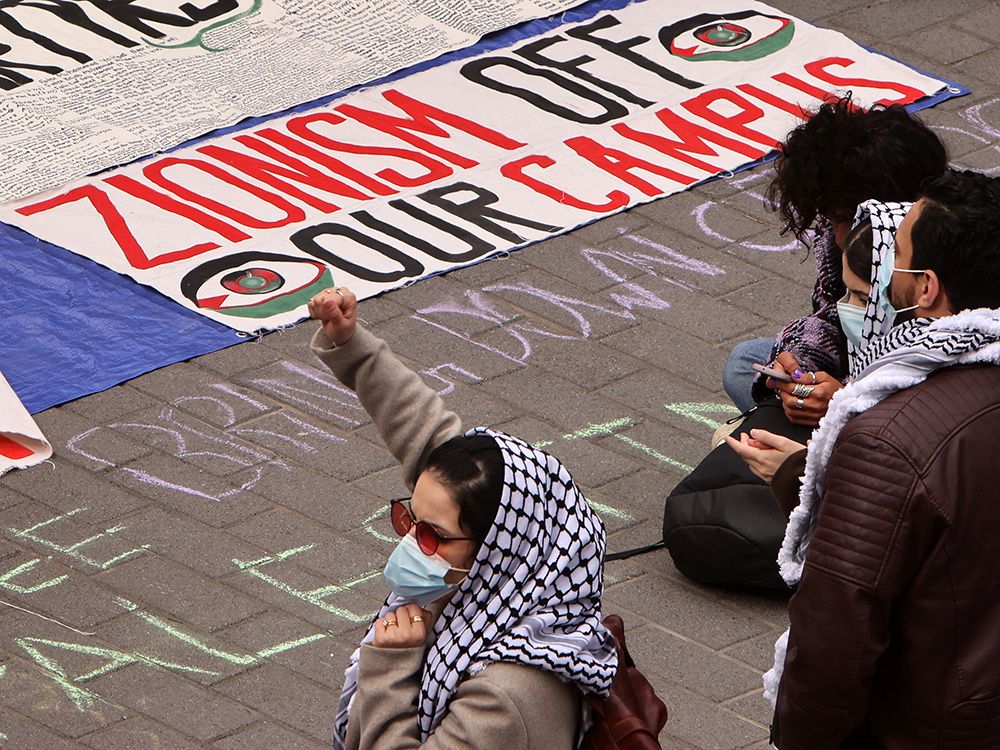  Anti-Israel protesters hold a rally on the Toronto Metropolitan University campus, on April 30, 2024.