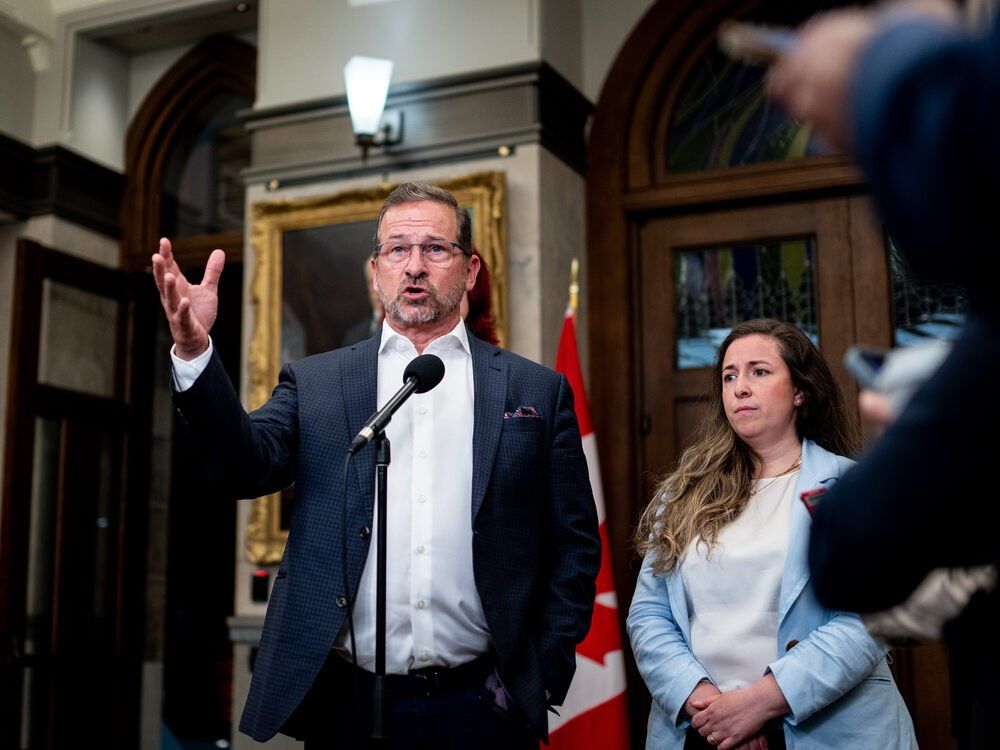 Bloc Quebecois Leader Yves-Francois Blanchet speaks in the Foyer of the House of Commons on Parliament Hill in Ottawa, on Thursday, May 15, 2025.