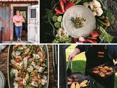 Clockwise from top left: author Andrea Buckett, 'dill-icious' pickle dip, honey-lime grilled sweet potato with poblabo peppers and corn, and grilled zucchini and mozzarella salad with pesto