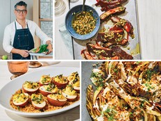 Clockwise from top left: fashion designer and cookbook author Peter Som, sweet and sour sticky ribs with citrus peanut gremolata, charred cabbage with hoisin tahini Caesar and crispy devilled tea eggs