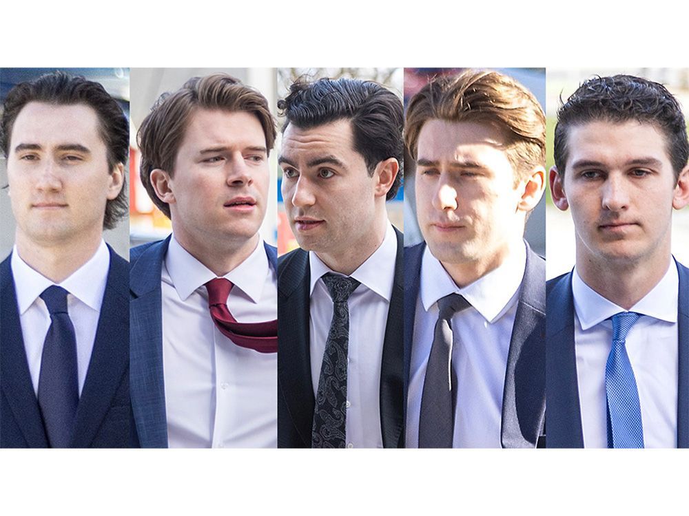 From left. Alex Formenton, Carter Hart, Dillon Dube, Michael McLeod, and Cal Foote, enter the London courthouse on April 22, 2025. (Derek Ruttan/The London Free Press) From left. Alex Formenton, Carter Hart, Dillon Dube, Michael McLeod, and Cal Foote, enter the London courthouse on April 22, 2025. (Derek Ruttan/The London Free Press)