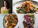 Clockwise from top left: author Noor Murad, springtime fattoush, coffee, cardamom and chipotle-rubbed lamb chops, and halloumi with spicy olives and walnuts. PHOTOS BY MATT RUSSELL