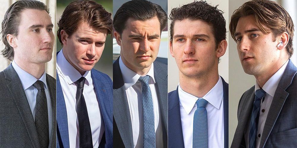 From left, Alex Formenton, Carter Hart, Dillon Dube, Cal Foote and Michael McLeod enter the London courthouse on May 20, 2025. (Photos by Mike Hensen and Derek Ruttan/The London Free Press) From left, Alex Formenton, Carter Hart, Dillon Dube, Cal Foote and Michael McLeod enter the London courthouse on May 20, 2025. (Photos by Mike Hensen and Derek Ruttan/The London Free Press)
