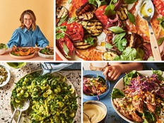 Clockwise from top left: author Alice Zaslavsky, barbecued adjapsandal with adjika yogurt dressing, yampers (camper's jacket yams), and Swiss chard and broccoli tumble with herby avocado dressing