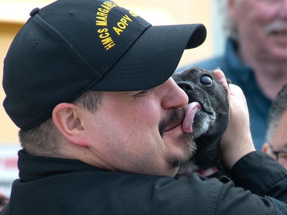  Petty Officer Second Class Anthony MacKeigan gets welcomed home by his dog Darla after HMCS Margaret Brooke arrived back in Halifax on Friday, May 9, 2025.