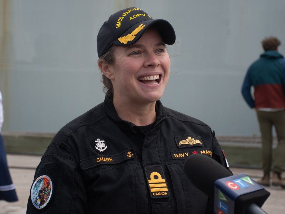  Commander Teri Share answers questions from reporters after HMCS Margaret Brooke arrived back in Halifax on Friday, May 9, 2025.