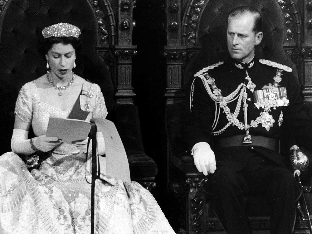 Queen Elizabeth II reads the Speech from the Throne as Prince Philip listens attentively in Canada’s Parliament in Ottawa on Oct. 14, 1957. Queen Elizabeth II reads the Speech from the Throne as Prince Philip listens attentively in Canada’s Parliament in Ottawa on Oct. 14, 1957.