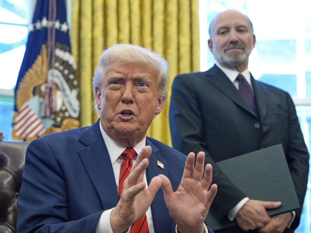 President Donald Trump speaks in the Oval Office, on April 17, as Commerce Secretary Howard Lutnick looks on. President Donald Trump speaks in the Oval Office, on April 17, as Commerce Secretary Howard Lutnick looks on.
