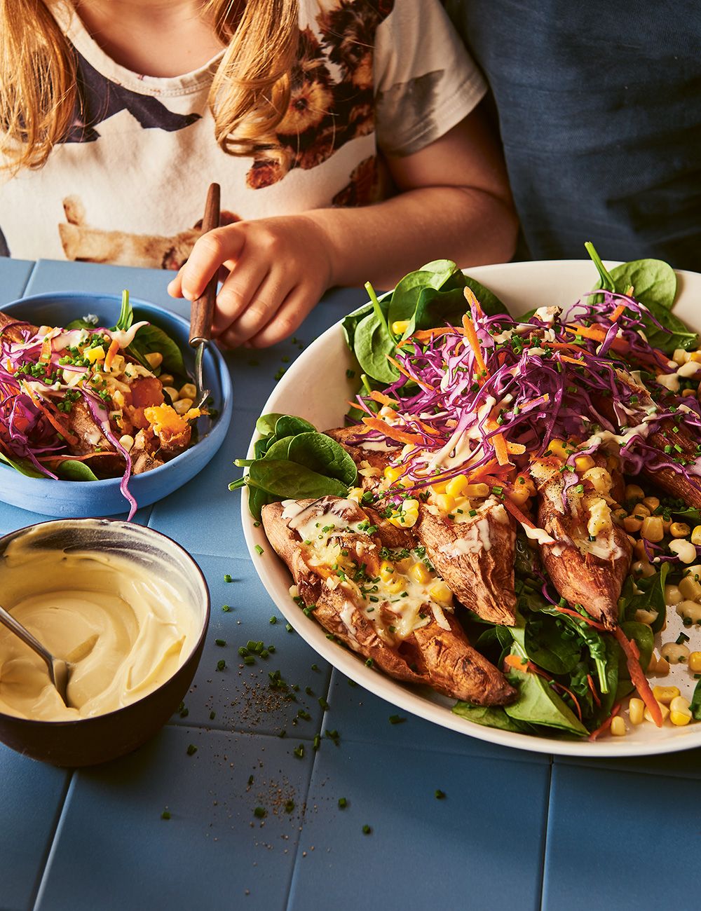  “Like a school-camp baked potato, made salady,” Alice Zaslavsky makes yampers (camper’s jacket yams) every couple of weeks because her six-year-old daughter, Hazel, loves it. “It’s such a fun, playful salad.”