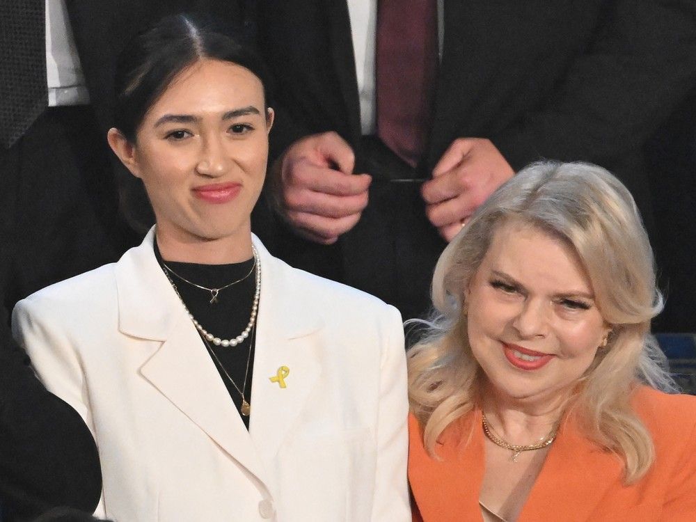 Former Hamas prison Noa Argamani, left, with Sara Netanyahu wife of Israeli Prime Minister Benjamin Netanyahu, in Washington, D.C. Demonstrators allegedly blocked an exit outside a venue where Argamani was speaking in Windsor, Ont. last week.