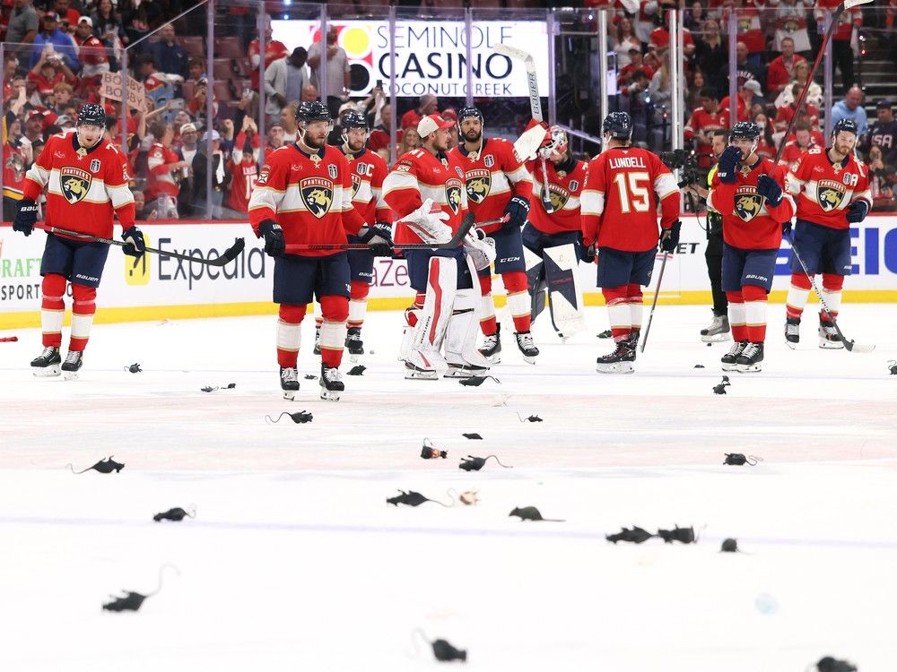  Fans throw rats onto the ice after the Florida Panthers beat the Edmonton Oilers 6-1 in Game Three of the 2025 Stanley Cup Final at Amerant Bank Arena on Monday in Sunrise, Fla.