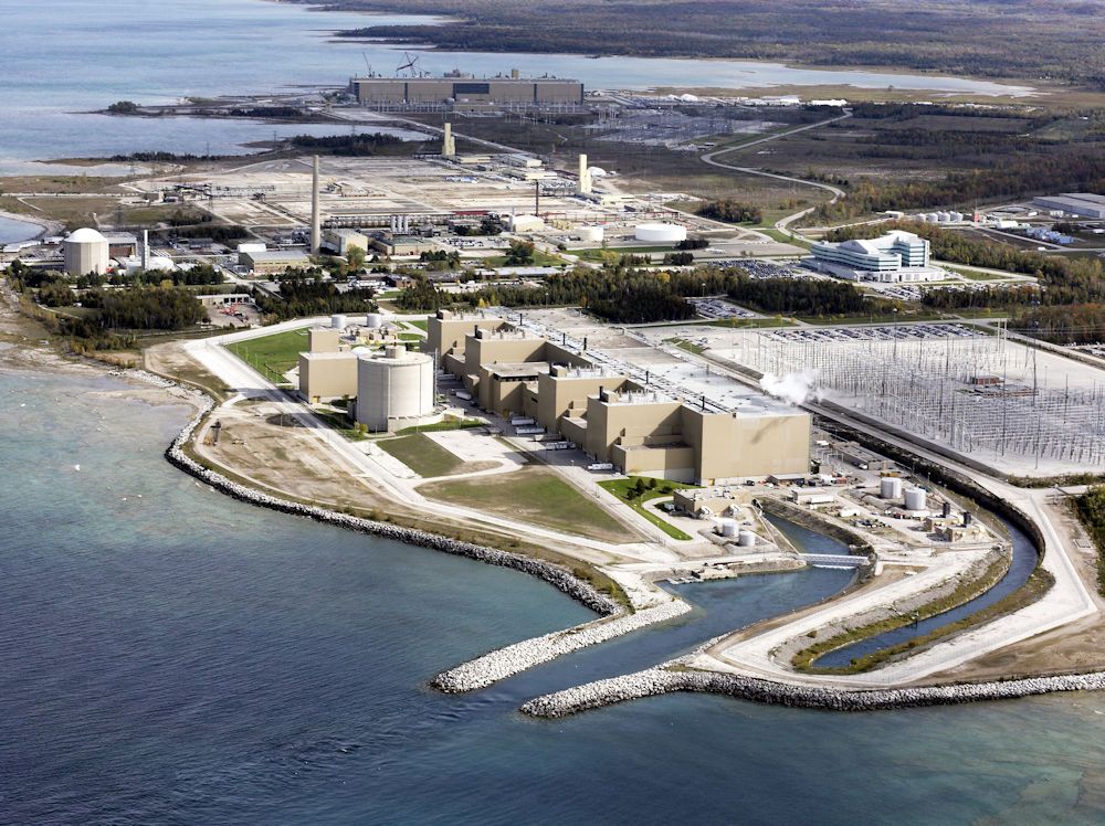  Aerial view of the Bruce Power site in Ontario. The site houses the Bruce A and B generating stations, which each hold four Canadian-designed CANDU reactors.