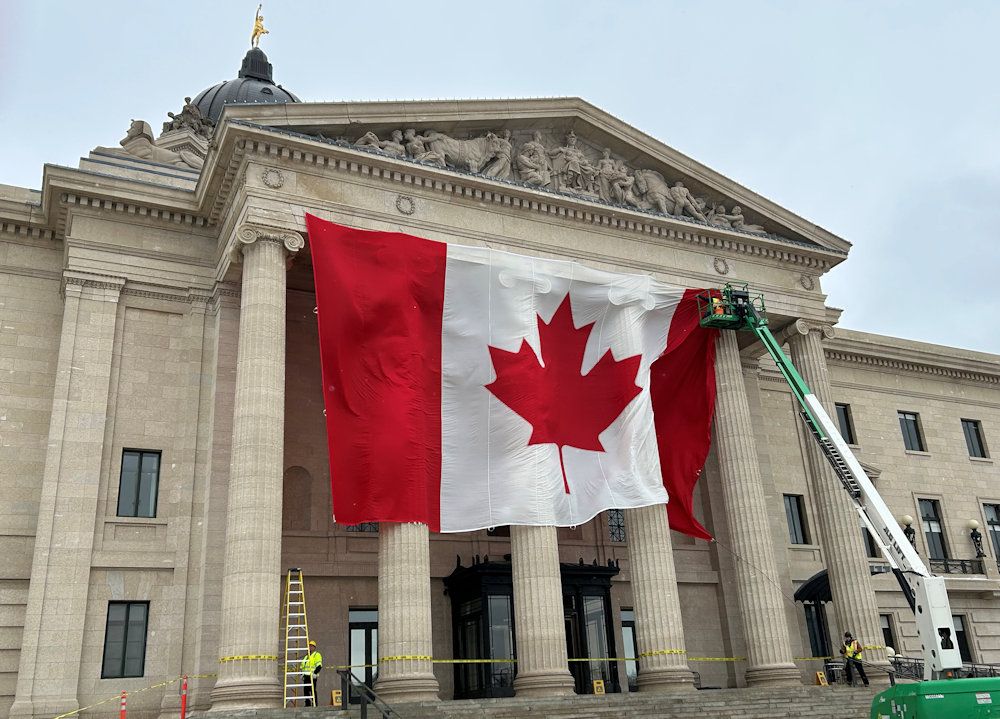  Installing giant Canadian flags on public lands is a bit of a theme of late. Giant flags have been pinned to the front of the B.C. Parliament Buildings and the Manitoba Legislative Building since March, and crews just affixed one to Ontario’s Legislative Building on Monday. Barrie, Ont. is also installing a new $250,000 Canadian flag that will measure 35 by 70 feet – slightly more than the square footage of an average Canadian home.