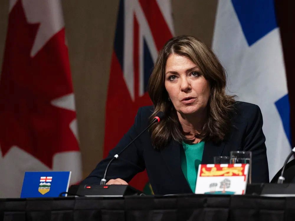 Alberta Premier Danielle Smith speaks during a press conference after the first ministers' meeting at TCU Place.