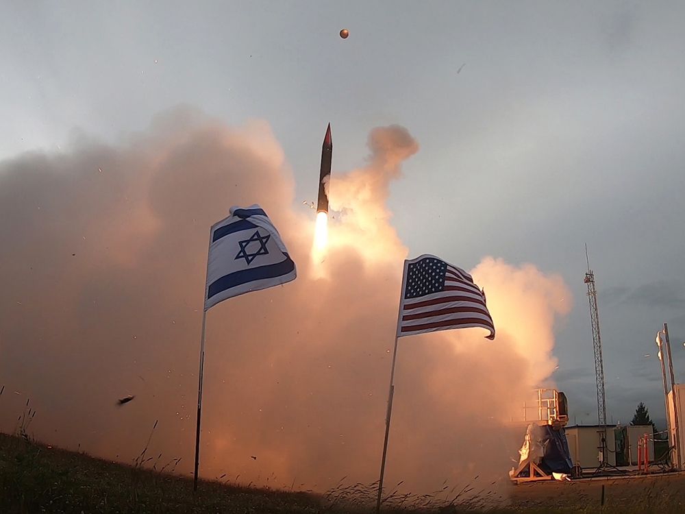  An Arrow-3 hypersonic anti-ballistic missile is launched at an undisclosed location in Alaska in 2019.The Arrow 3 system — designed to shoot down ballistic missiles above the Earth’s atmosphere — was jointly developed and produced by Israel and the United States.