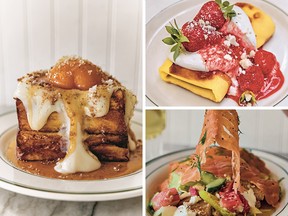 Clockwise from left: challah French toast, cheese blintzes and smoked salmon panzanella salad