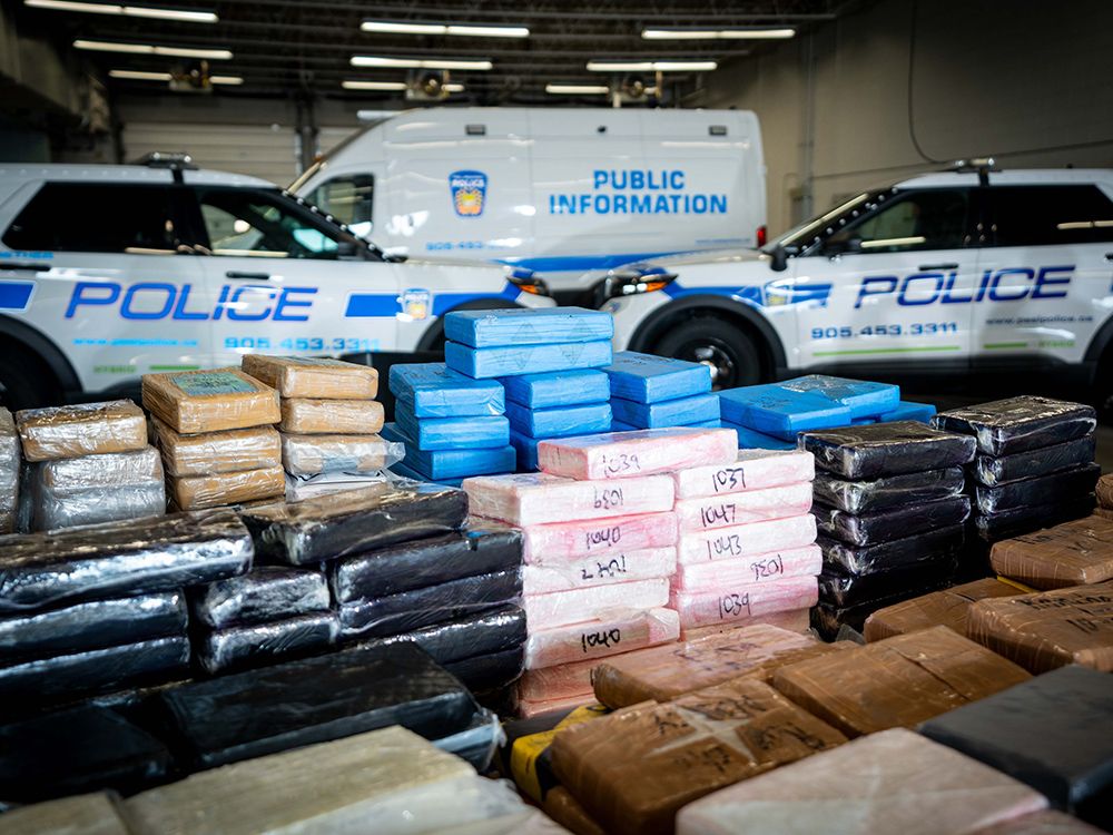  Stacks of bricks of bulk cocaine seized in Project Pelican, a large cross-border drug smuggling probe, are display by Peel Regional Police on Tuesday.