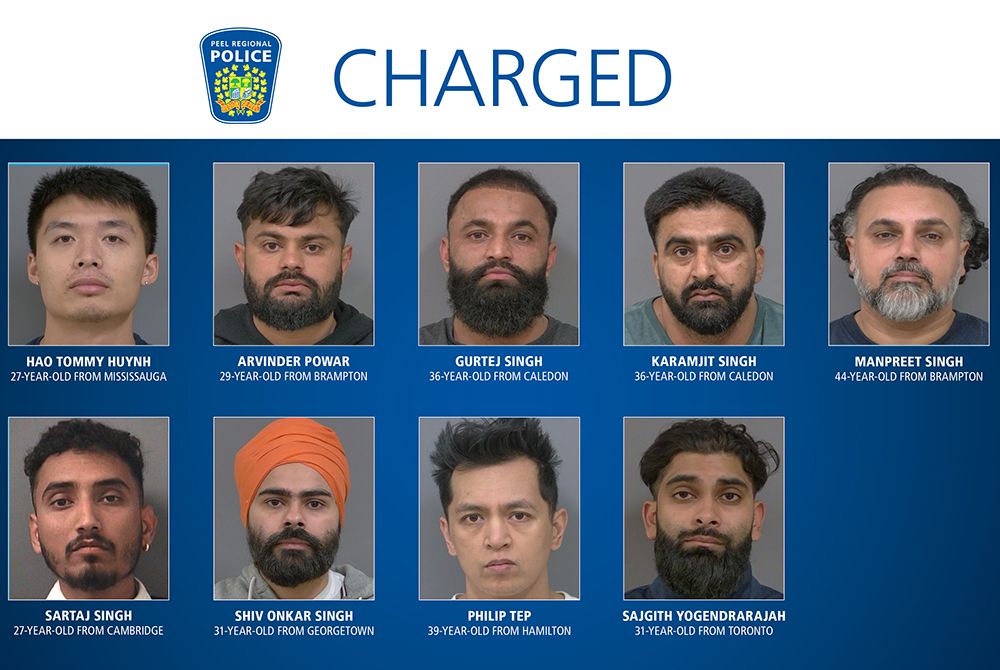  Nine men charged by Peel Regional Police in a large cocaine smuggling probe using cross-border commercial trucks.