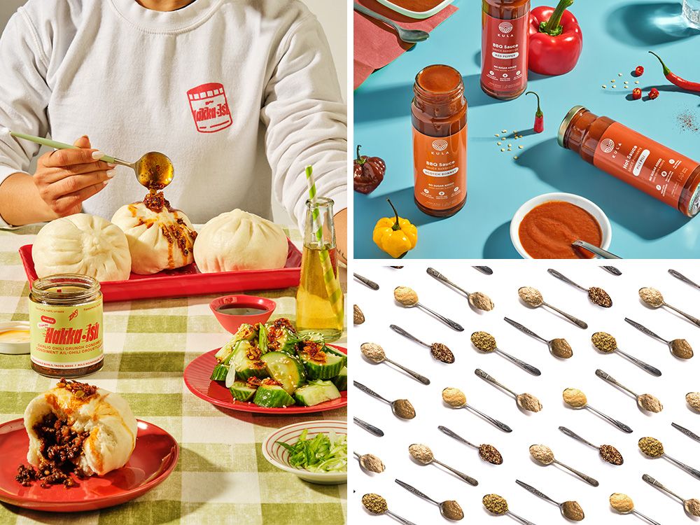 Clockwise from left: Zing Pantry Shortcuts' Hakka-ish Chili Crisp, KULA Foods' no-sugar-added barbecue sauces and pili pili hot sauce, and Kozlik's mustards. PHOTOS BY ZING PANTRY SHORTCUTS/DOAA JAMAL/KOZLIK'S