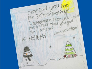 A Christmas card made by child for non-custodial father.