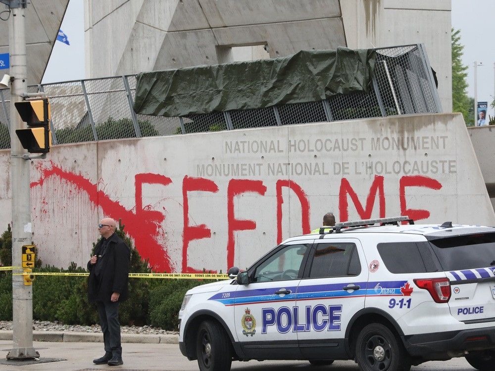 A photo taken June 9 shows the vandalism of the National Holocaust Memorial in Ottawa.