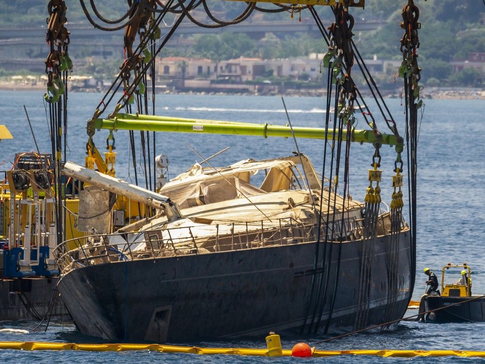 NextImg:Sunken Bayesian superyacht lifted out of the water off Sicily as salvage operate completes