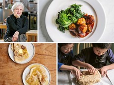 Clockwise from top left: author Rose Carrarini, chicken balls with teriyaki sauce, cranberry and oat scones, and breakfast crêpes